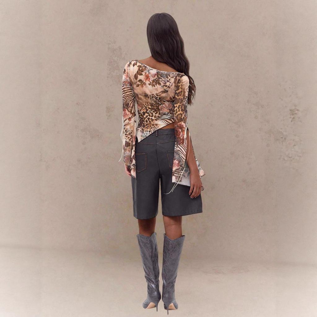 2025 Herbst und Winter neues einseitiges Blumenmuster Schlitz Trompete langärmeliges irreguläres Damenoberteil