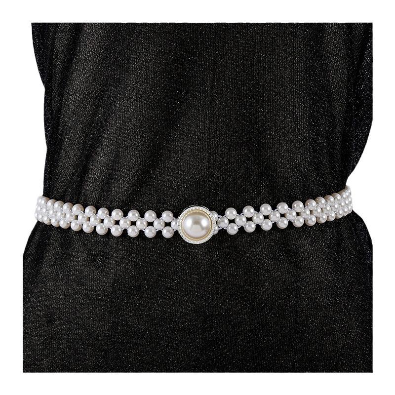 "Korean Style Rhinestone Pearl Waist Chain for Women – Fashionable, Sweet, Elastic Belt"