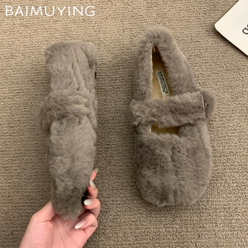 Winter Flats Women Shallow Loafers Shoes Designer Short Plush Buckle Casual Shoes 2025 Trend Walking Warm Cozy Chaussures Femme