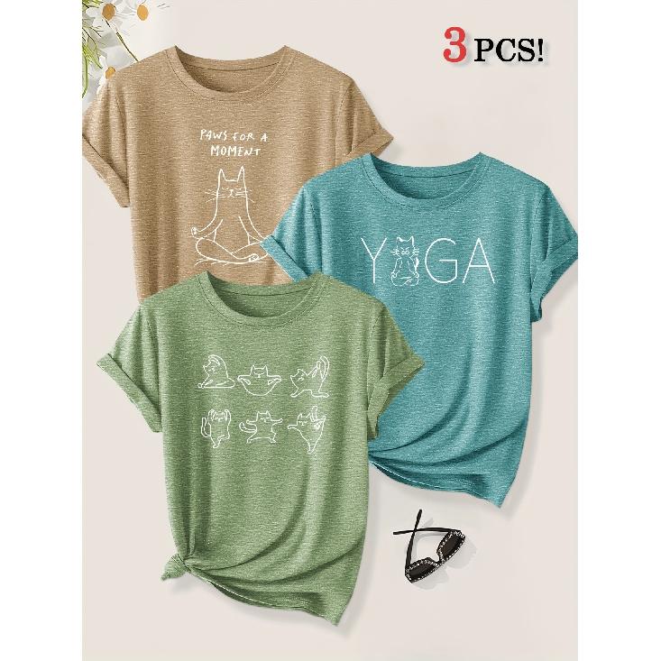 3 Pack Yoga Master Cat Fun Animal Print Women Loose Short Sleeve T Shirts Summer Autumn Leisure Fashion Tops