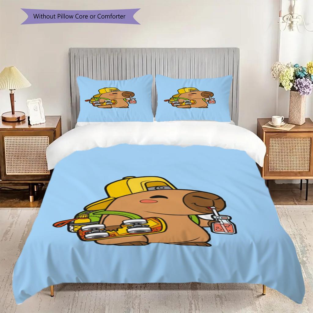 Adorable Capybara Backpack Drink Three-piece set (1 * duvet cover + 2 * pillowcase, without core) 2D Flat Soft and comfortable Bedding set