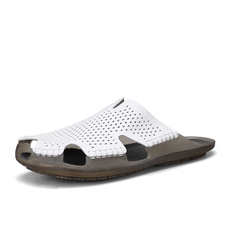 Fashion Quick Dry Men's Leather Slides Comfortable Male Slippers Anti-Slip Outdoor Half Drag Handmade Hollow Out Sandals Man Flip Flops