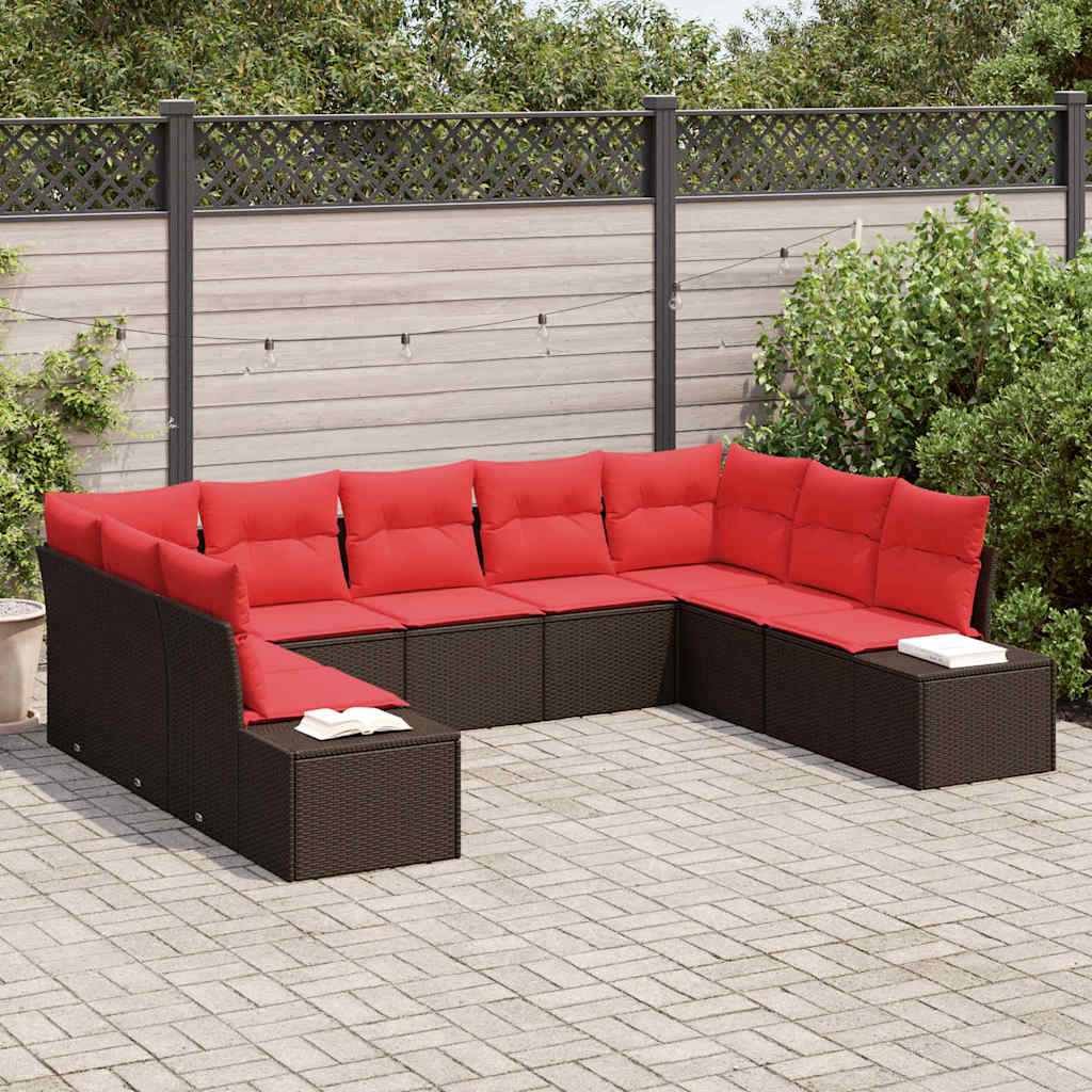 Garden Sofa Set 9 Pieces 8 Seater Brown and Red Poly Rattan