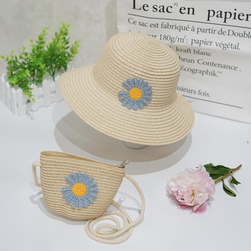 Summer Daisy Children's Straw Hat for Girls, Baby Hat, Sunshade Sun Protection Wide-brimmed Hat Bag Set, Fisherman's Basin Hat