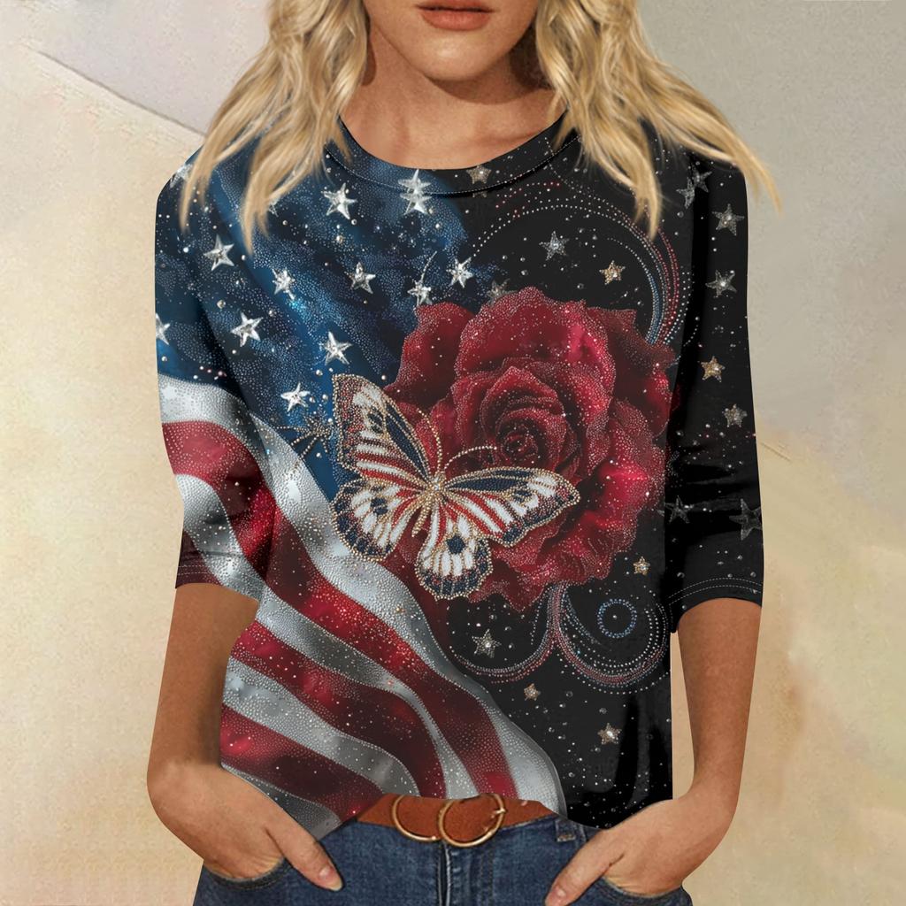 Women's Fashion Casual Seven-Sleeve Independence Day Print Round Neck Top
