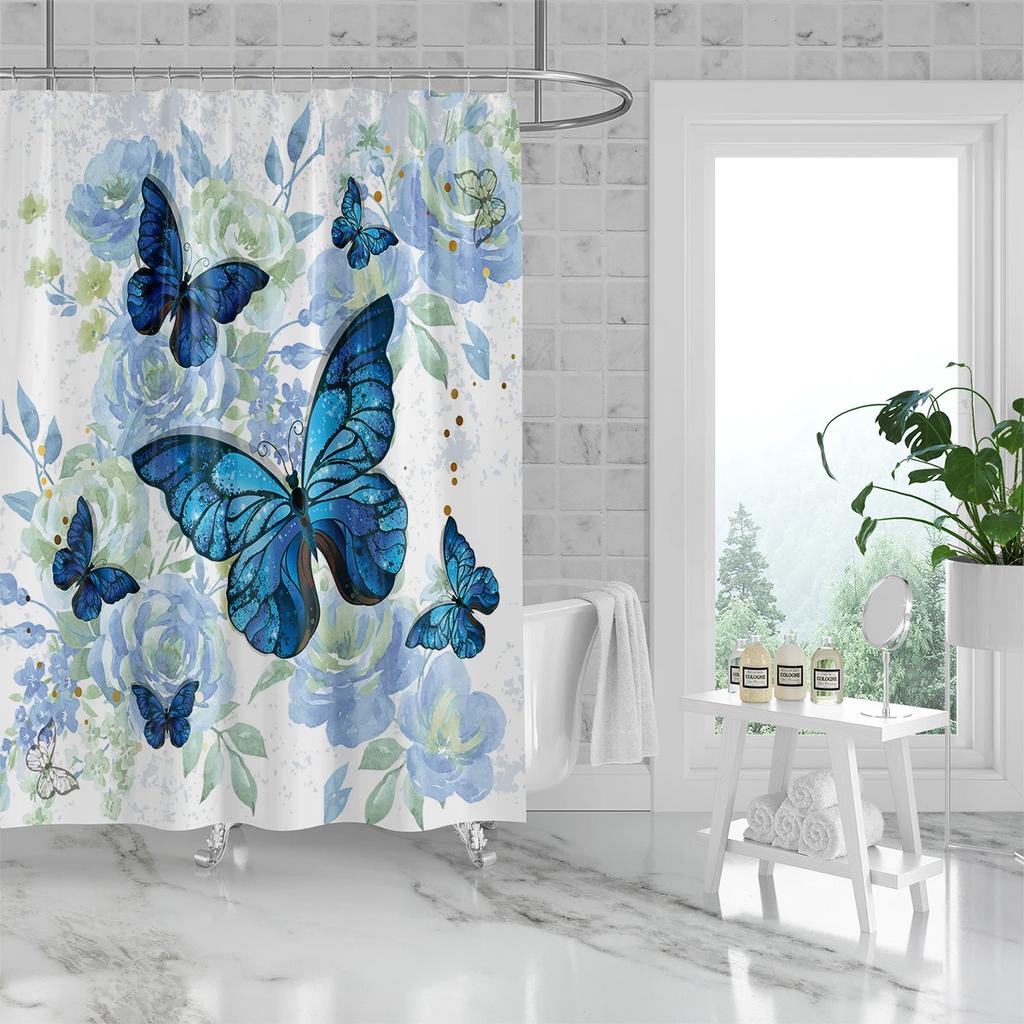 1 Piece Of 180X180Cm Blue Butterfly Flower Printed Shower Curtain Partition, Bathroom Waterproof And Mold Resistant