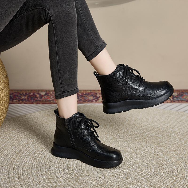 First layer cowhide autumn and winter leather Martin boots women's round head lace-up zipper retro casual shoes women