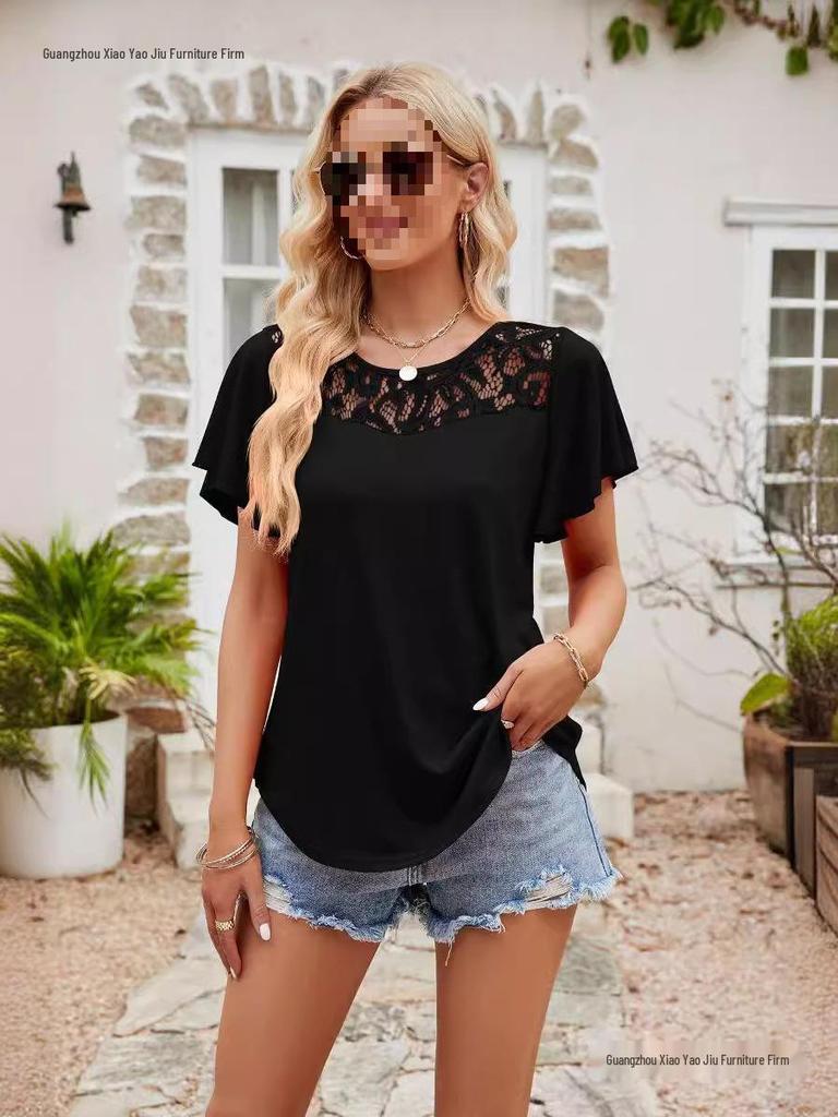 European and American Women's Solid Color Mesh Ruffle Short Sleeve T-shirt