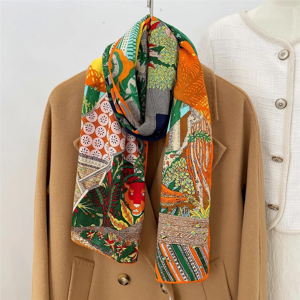 160x33CM Winter Thicken Silk Cashmere Scarf Women Hand Rolled Shawls Forests Print Long Scarves Wraps Bandana Big Hijabs Female