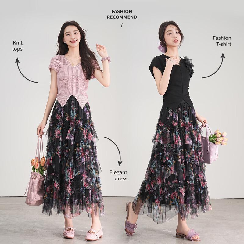 Bailuyu Floral Print Mesh A-line Skirt M