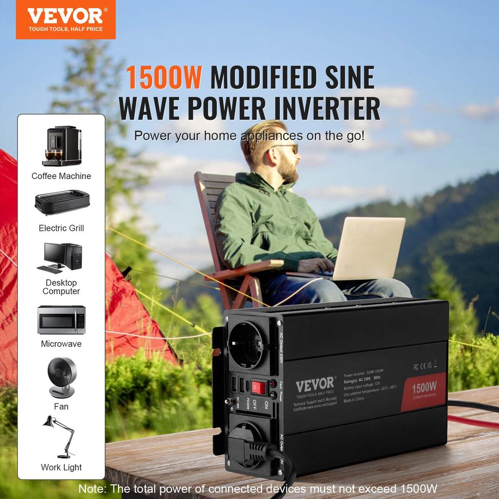 VEVOR Modified Sine Wave Inverter, 1500W, DC 12V To AC 230V Power Inverter with 2 AC Outlets 2 USB Port 1 Type-C Port 6 Spare Fuses