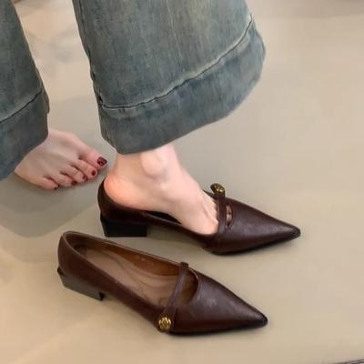 Sheepskin Version~ Retro Shallow Mouth High Heels Women's Camellia One-word Buckle Thick Heel Single Shoes Pointed Temperament Mary Jane Shoes