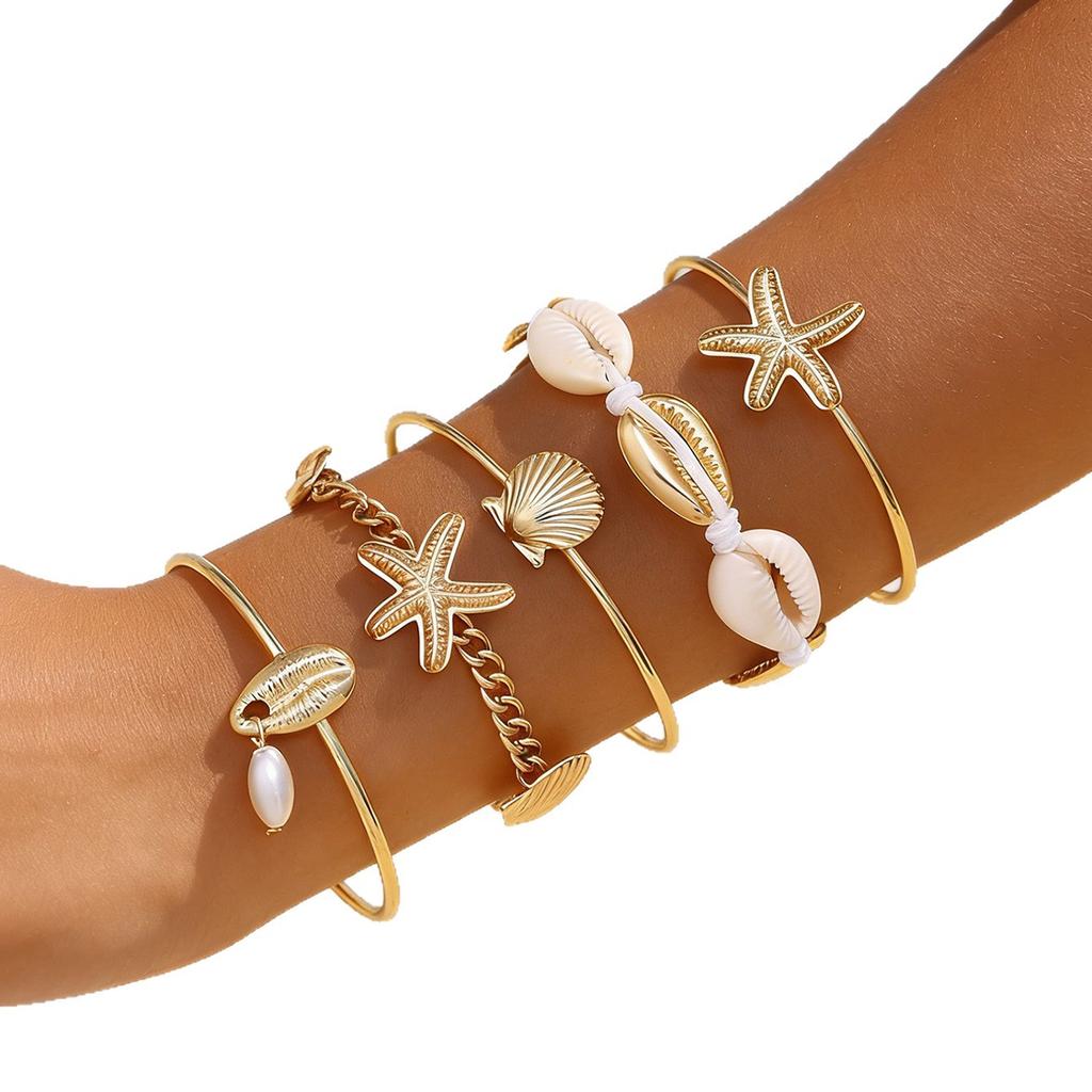 Bohemian Vacation Bracelet Set Women's Summer Beach Dopamine Starfish Shell Contrasting Color Rice Bead Bracelet