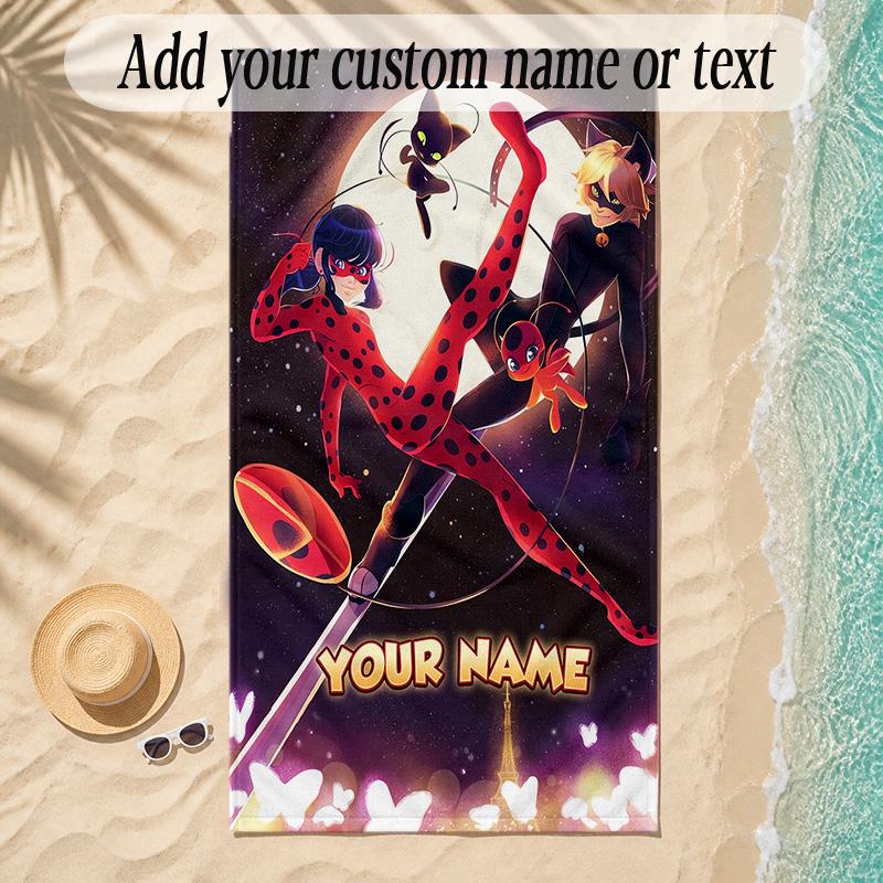 Strandtuch Miraculous Ladybug Benutzerdefinierter Name Text Personalisierbares Weiches Handtuch für Strand Pool Innen Hausdekoration Geschenk