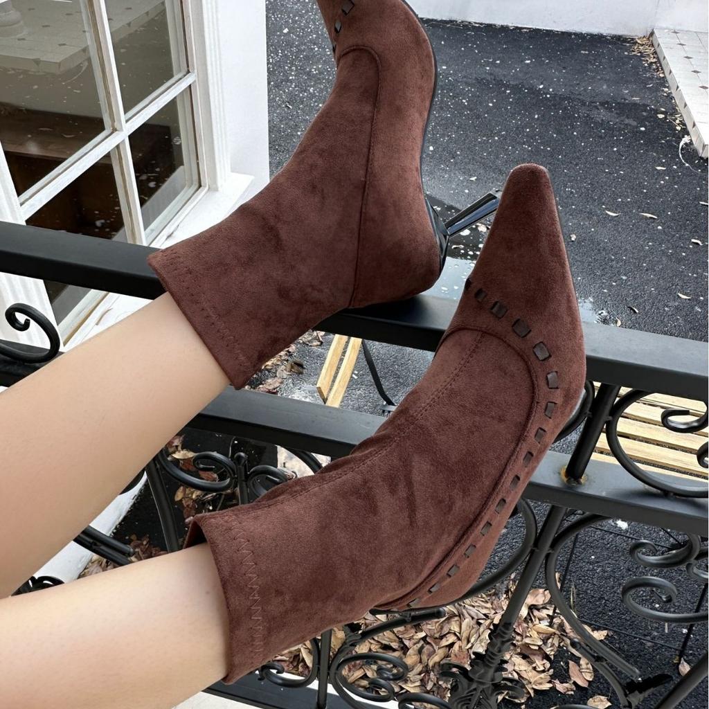 2025 autumn and winter new pointed thin high heel thin low tube Martin fashion women's short boots suede weaving