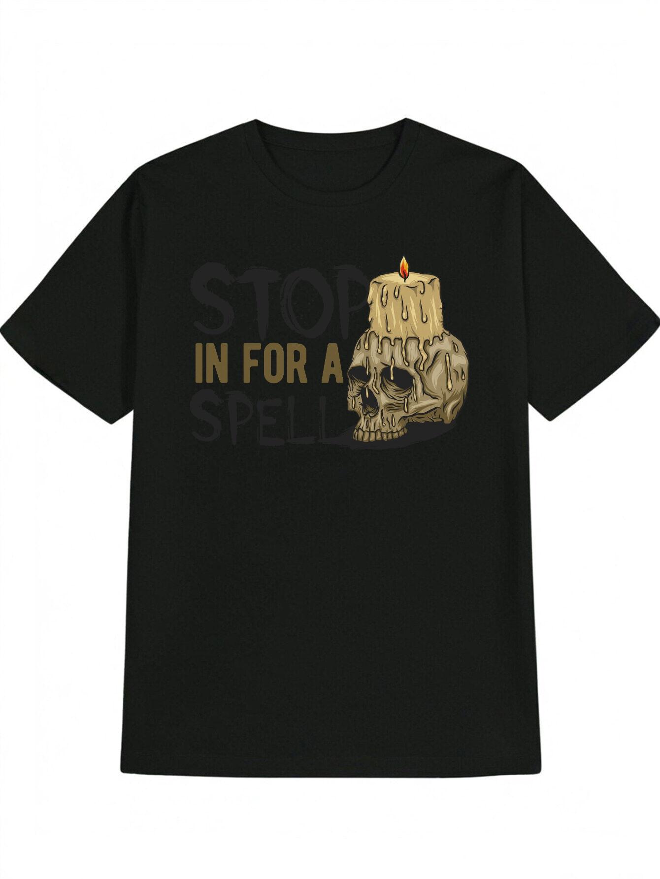 

Casual Skull & Candle Graphic T-shirt - Stop in for a Spell Design XL