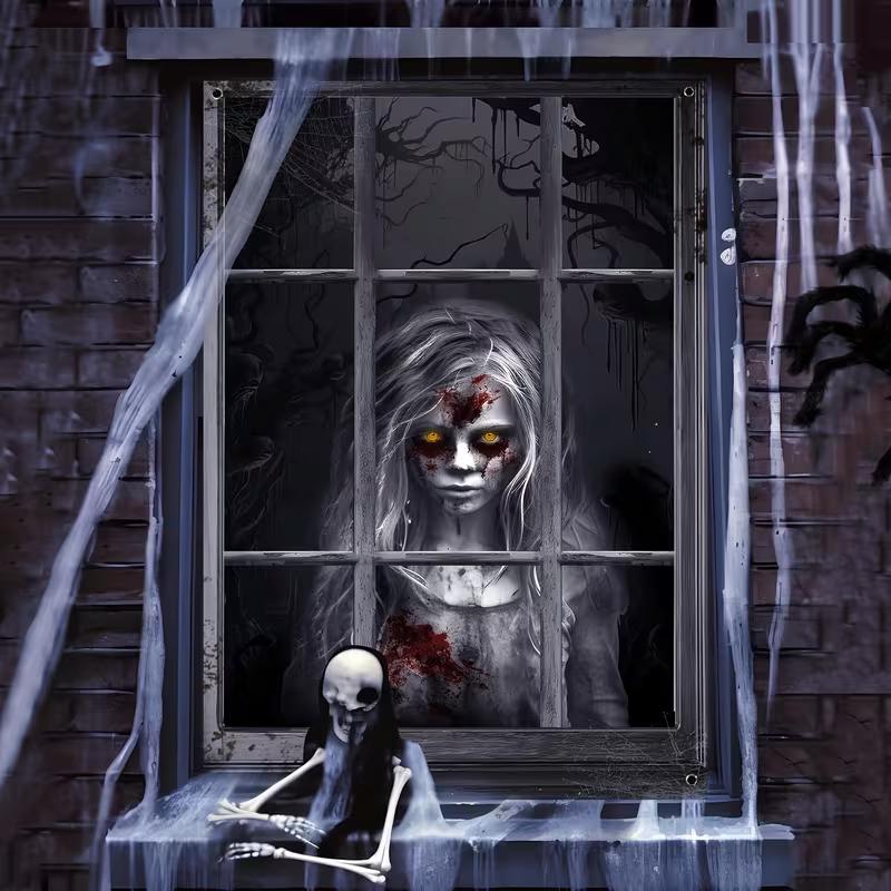 2D Spooky Zombie Kids Window Backdrop, Halloween Party Decor