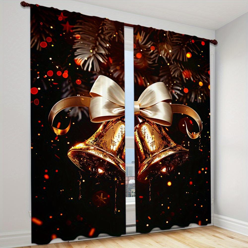 2 Pieces Christmas Deer Bell Pine Branch Patterns Curtains Rod Pocket Mount Digital Printed Polyester for Living Room Kitchen