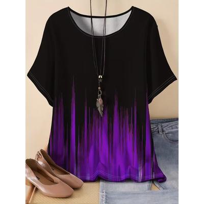 Camiseta Top Feminina Plus Size XL-7XL Gradiente Casual Estampa 3D Solta Gola V Manga Curta