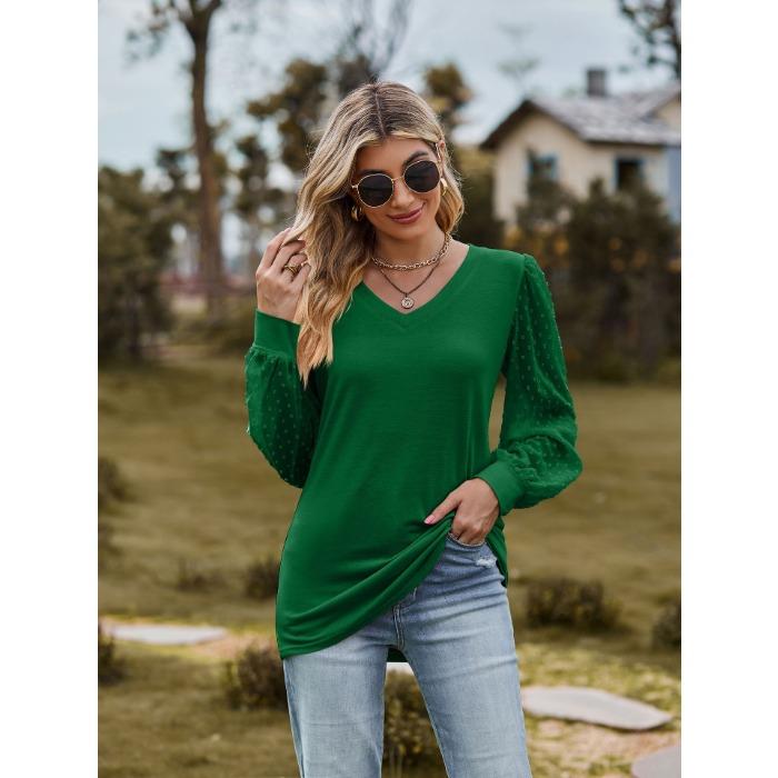 Jarní a podzimní dámská halenka Tričko s dlouhým rukávem Jednobarevné Výstřih do V Jednoduché Topy ze síťoviny