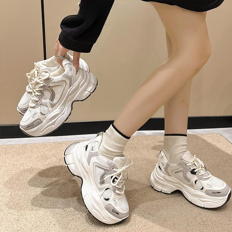 Genuine Leather Daddy Shoes Women's Spring and Summer New Mesh Surface Platform Heighten Casual Shoes All-Matching Sneaker