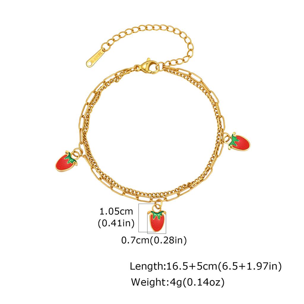 Vnox Gold Plated Fruit Cherry Strawberry Bracelet For Woman New Fashion Stainless Steel Double Chain Bracelet Hand Jewelry