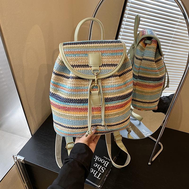 Summer Striped Woven Backpack Women's New Fashion Student Schoolbag Versatile Vacation Wind Backpack