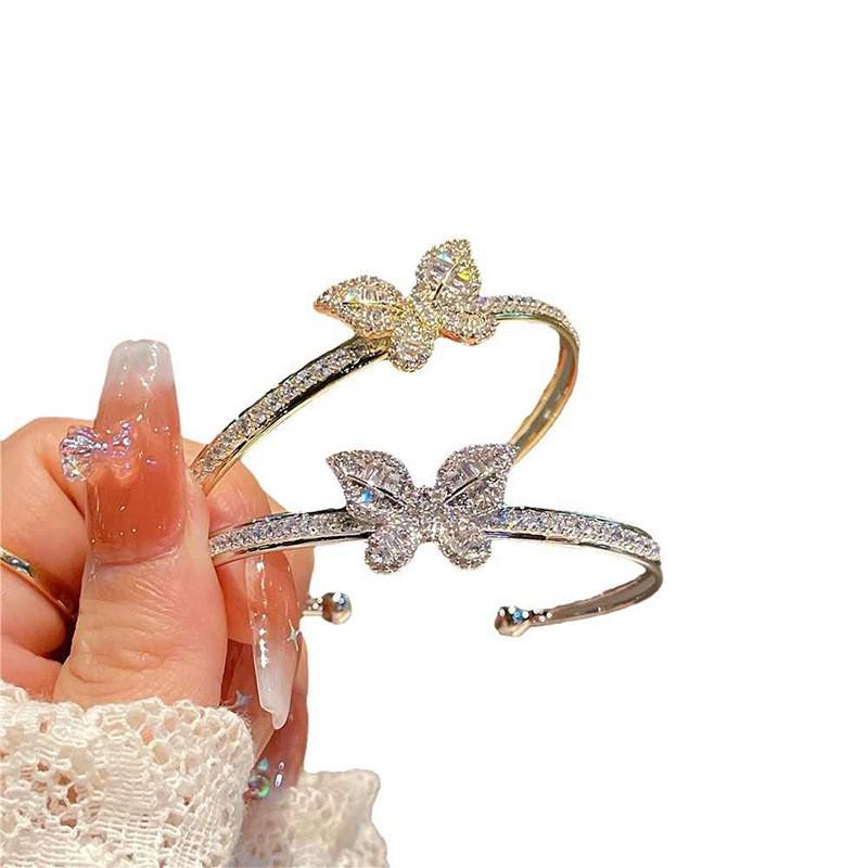 Gold Plated Zircon Butterfly Double Layer Open Cuff Bracelet Women Lightweight Luxury Fashion Jewelry