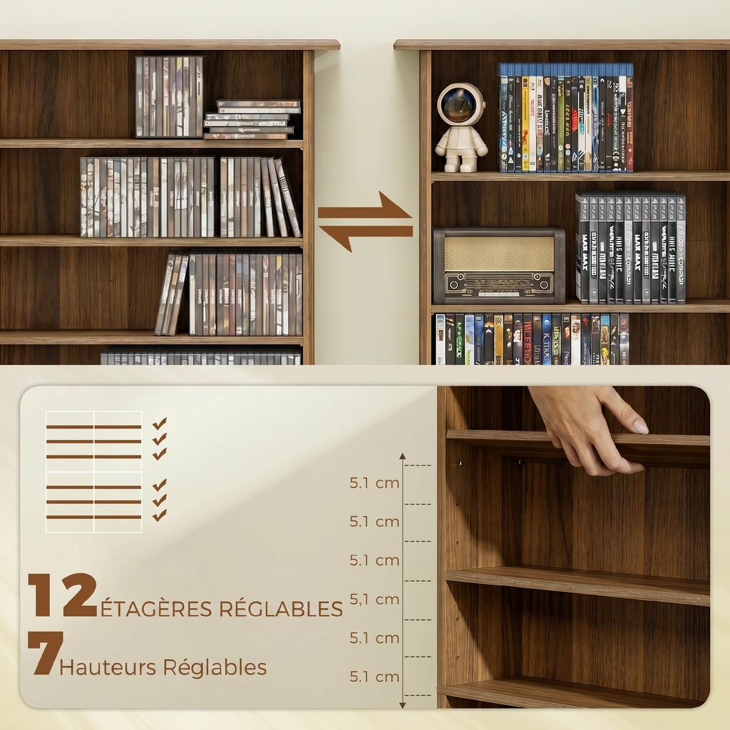 CD/DVD Storage Unit, 16 Compartments, 12 Adjustable Shelves, 720 CDs/396 DVDs, Walnut