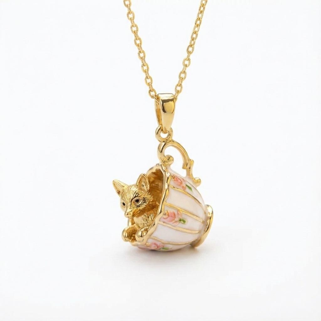Cat Puppy Rabbit Fox Cup Gold Pendant Necklace Teacup Rabbit Shape Sweet Electroplating