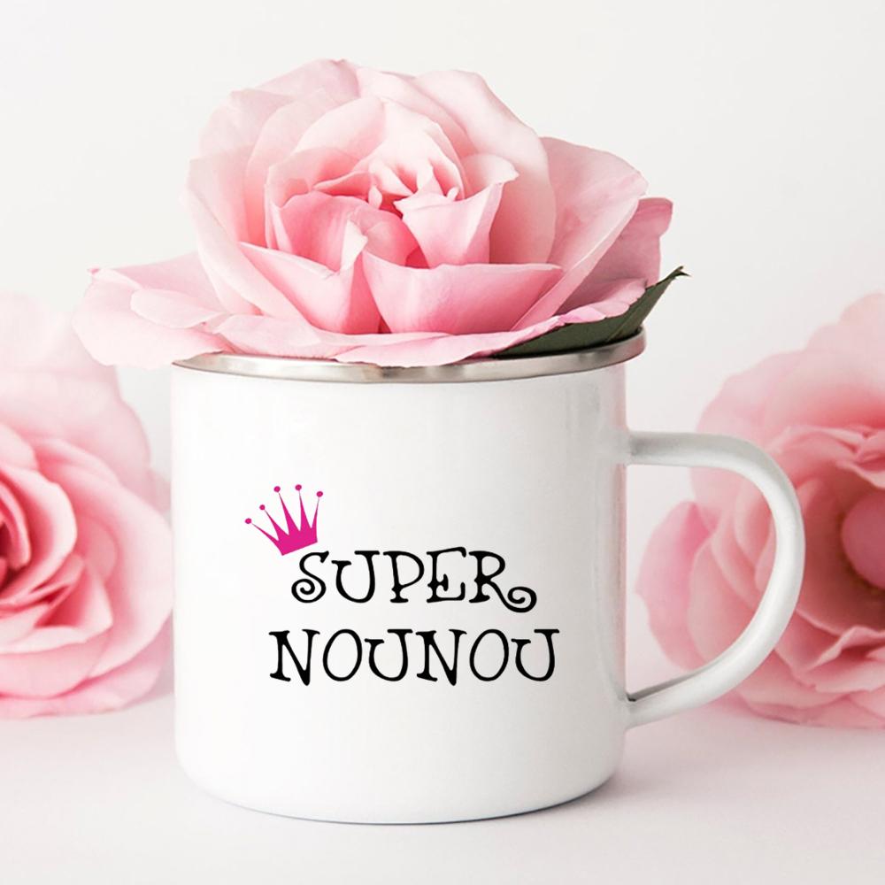 Merci Nounou Printed Mugs Creative Coffee Tea Cups Drink Water Milk Cup Enamel Mug School Home Handle Drinkware Gifts for Nounou