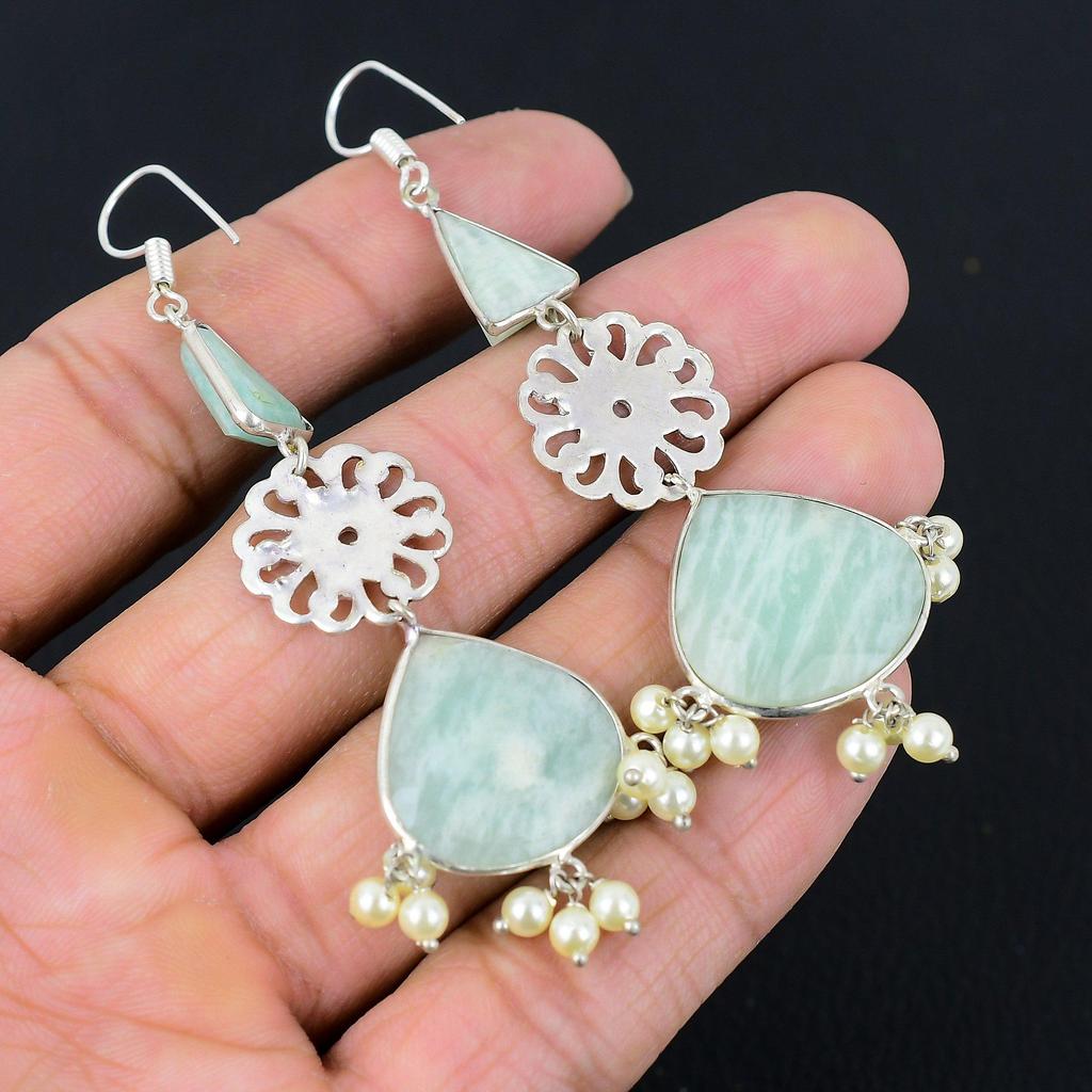 925 Sterling Silver Pear Amazonite Gemstone Sister New Drop Dangle Hook Earrings