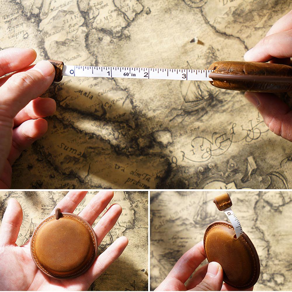 Vintage Crazy Horse Genuine Cowhide Tape Measure Handmade Mini Sewing Ruler Retro Leather Keychain Pendant Measuring Tapes
