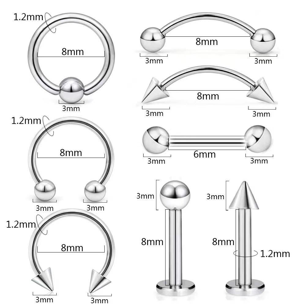 8-teiliges Piercing-Set aus Edelstahl: Lippenstecker, Augenbrauenstecker, Ohrstecker, Nasenring, Lippenringschmuck
