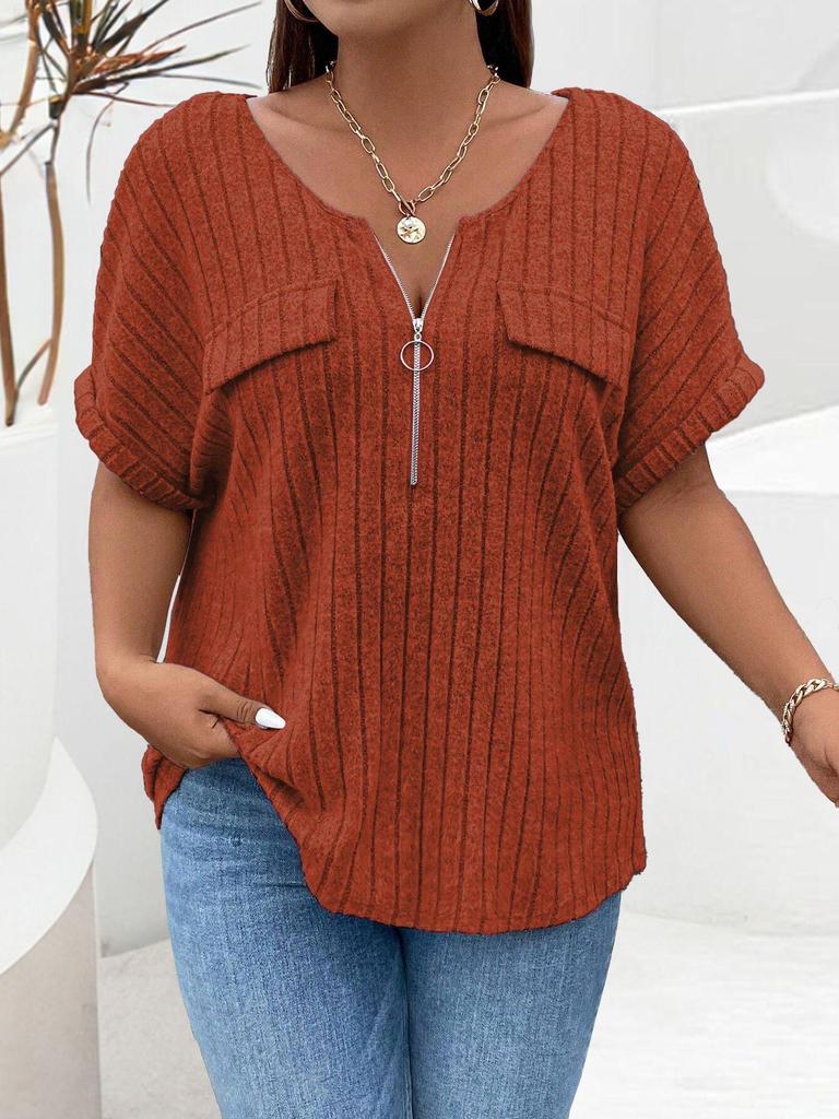 2026 Spring/Summer Plus Size Women's Zipper Short Sleeve Pullover T-shirt - Solid Color, Faux Pocket, Loose Fit