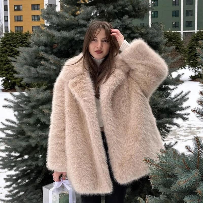Womens Faux Fur Coat Mid-Length Winter Warm Outerwear Street Style Jacket In Beige Yellow Coffee Khaki