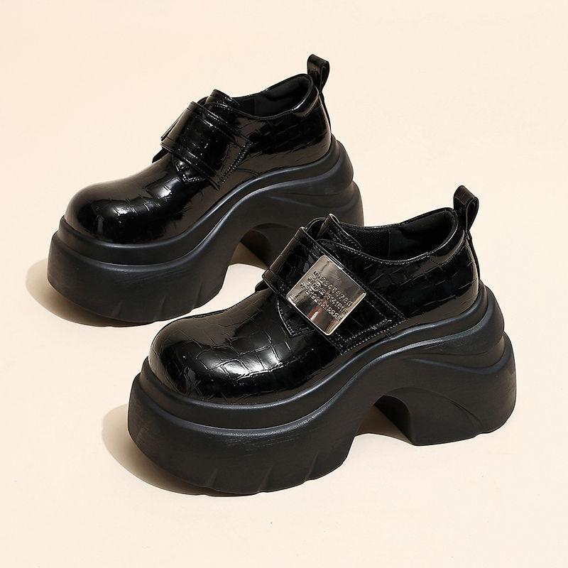 Thick-soled Muffin Small Leather Shoes Women's Autumn New Small Inner Height Increase Velcro Comfortable Single Shoes