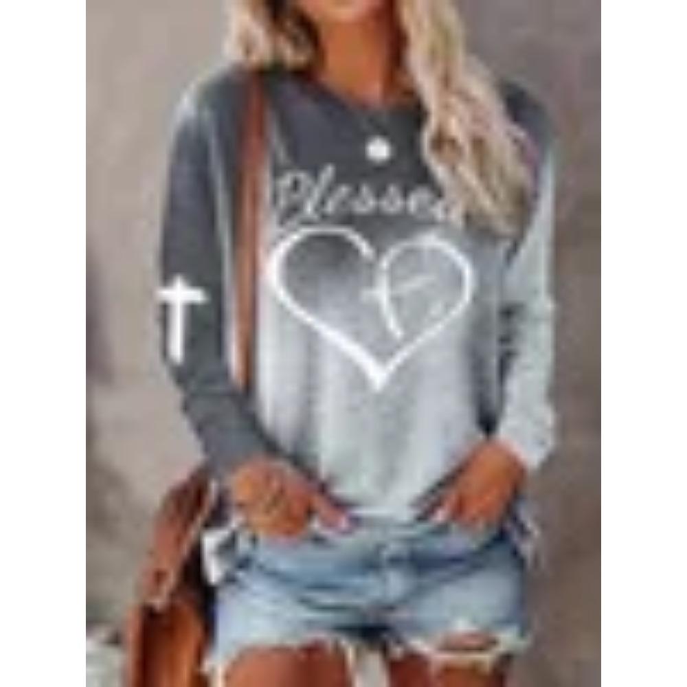 Women's Long Sleeved T-shirt with Heart-shaped and Striped Design, Round Neck All Season Top