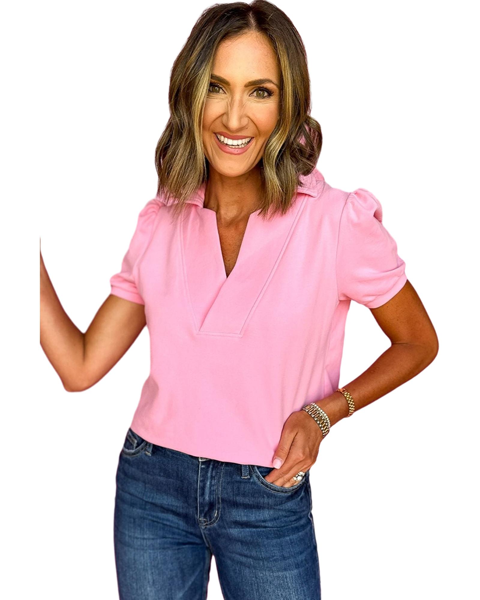

Azura Exchange Pink Collared V Neck Puff Sleeve T-shirt M розовый