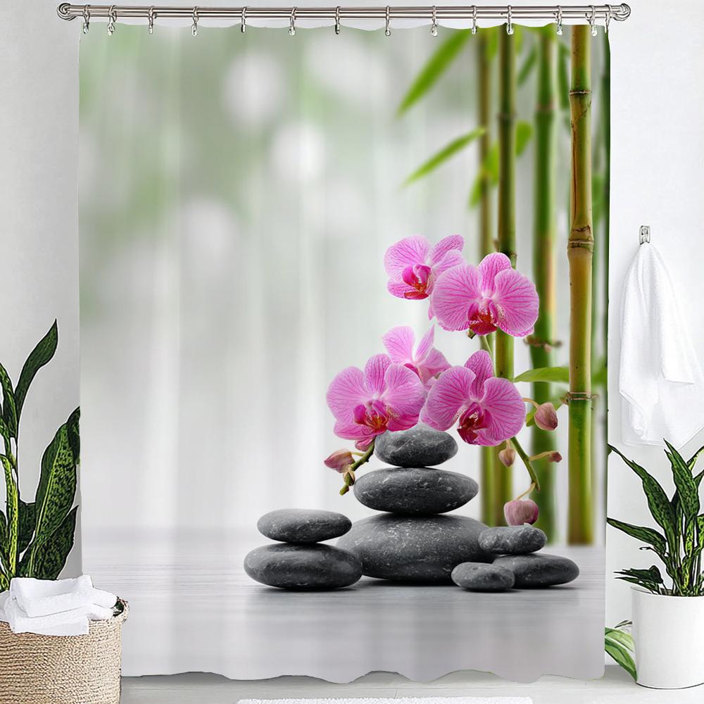 Modern Minimalist Zen Stone, Flower Style Shower Curtain,Polyester Fabric Washable Bathroom Curtains,Home Decoration With Hooks
