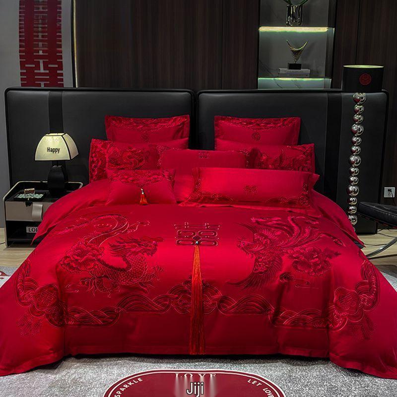 G5Z Κινεζικού Στυλ Κεντητό Κόκκινο Σετ Κλινοσκεπασμάτων Γάμου - Εορταστικό Τετραπλό Σετ με Παπλωματοκάλυμμα για Νιόπαντρα
