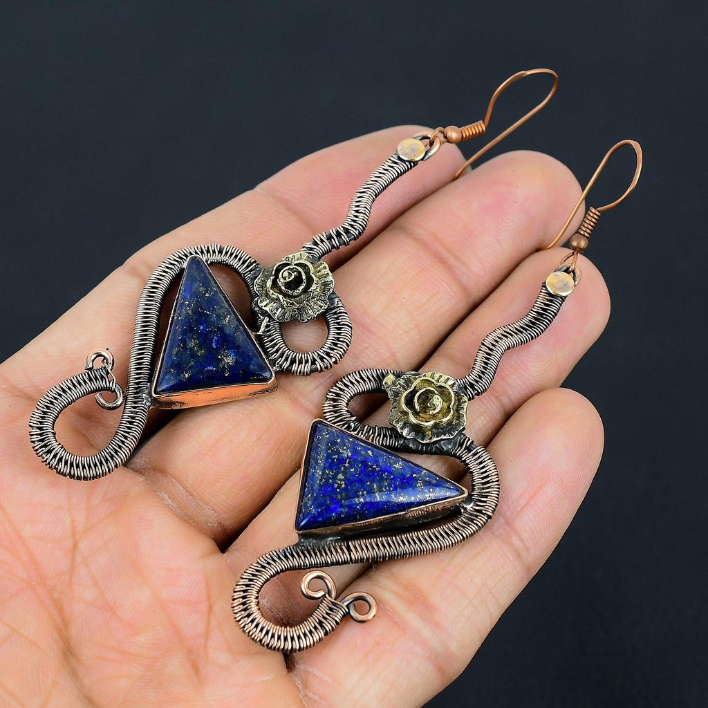 Lapis Lazuli 999 Copper Wire Wrapped Earrings, Handmade Gemstone Earrings Jewelry, Gifts For Wife Brand New Earrings