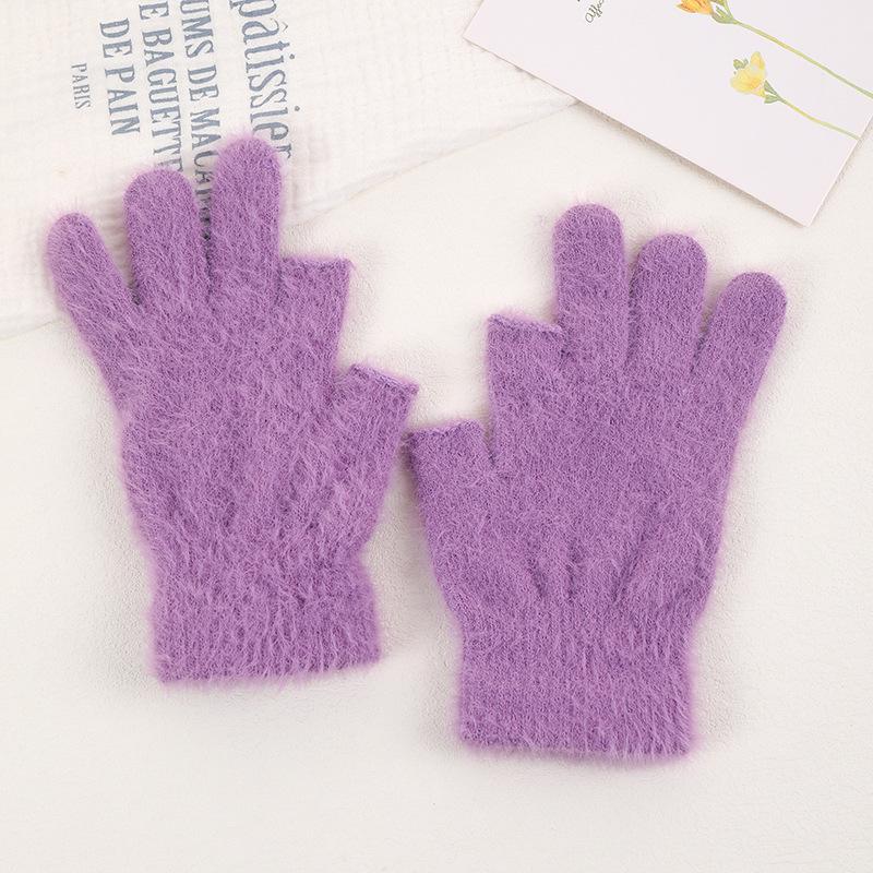 Touchscreen Fleece Gloves for Women Winter Warmth Student Finger-Exposing Gloves Outdoor Two-Half-Finger Thick Writing Gloves
