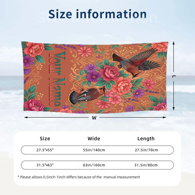 Birds Flowers Garden 2 Theme Quick Dry Beach Towel Custom Name Text Print Large Sand Resistant Towel Beach Vacation