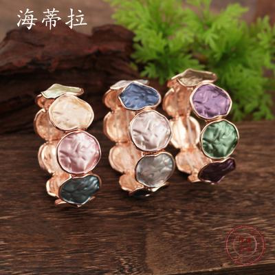 Enamel Color Round Irregular Elastic Bracelet, Exaggerated Women's Round Alloy Bracelet