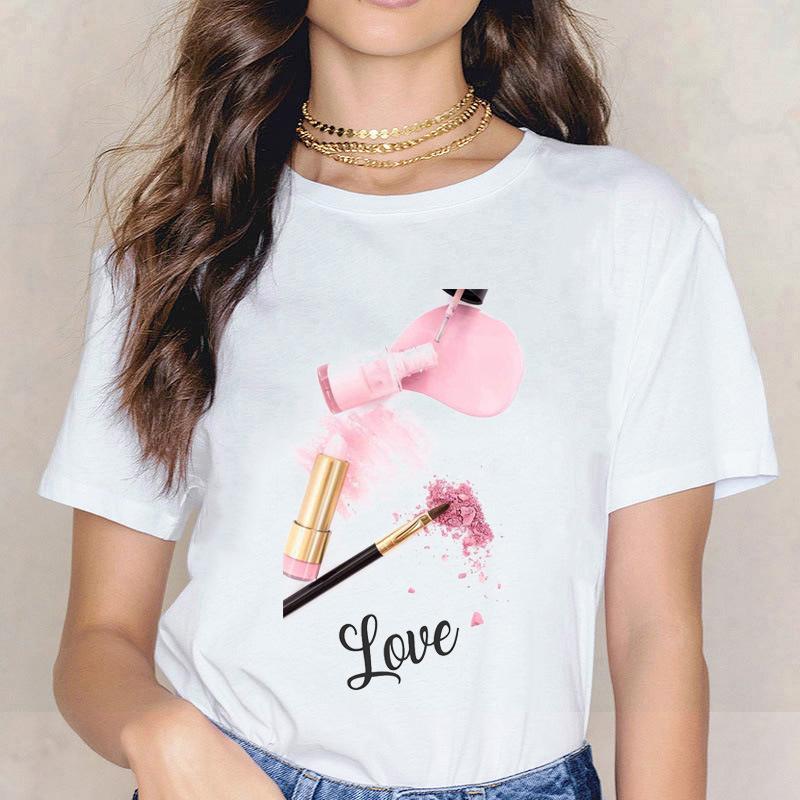 Kpop Fashion Cosmetics 3D Nail Polish Print Tees Women Y2K Tops Summer White Loose Short Sleeve O-Neck Female T-Shirts Blouses