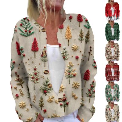 Women's Fashion Long Sleeve Christmas Snowman Snowflake Print Jacket Cardigan