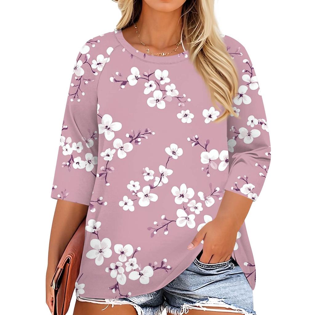 Women's Fashion Casual Print Round Neck 3/4 Sleeve T-Shirt Top