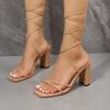 Fashion Women Sandals 2025 Summer Fashion Roman Shoes Sexy Lace Up Party Pumps Shoes Square Toe Thick Heel Outdoors Cross-Strap Sandals