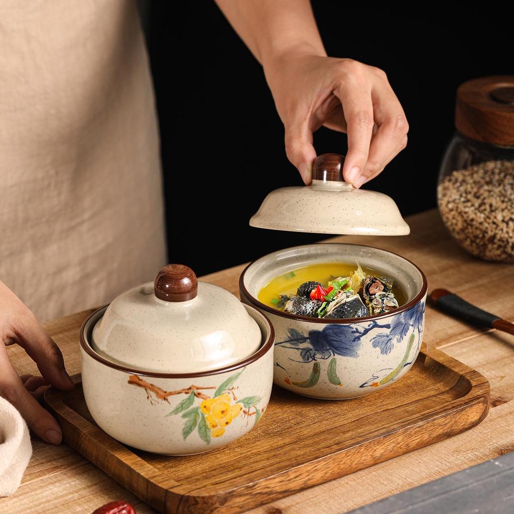 Chinese Retro Ceramic Single-Serve Stew and Soup Pot with Lid